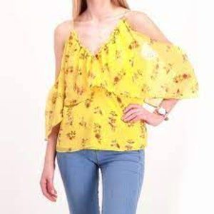 Walter Baker Saundra Gold Floral Flowy Cold Shoulder Halter Top Size L